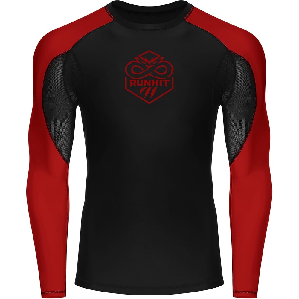 image:imageRunhit Mens BJJ Rash Guard Jiu Jitsu Compression Shirts Long Sleeve for MMA No GI Wrestling Grappling Sports Base LayerRed