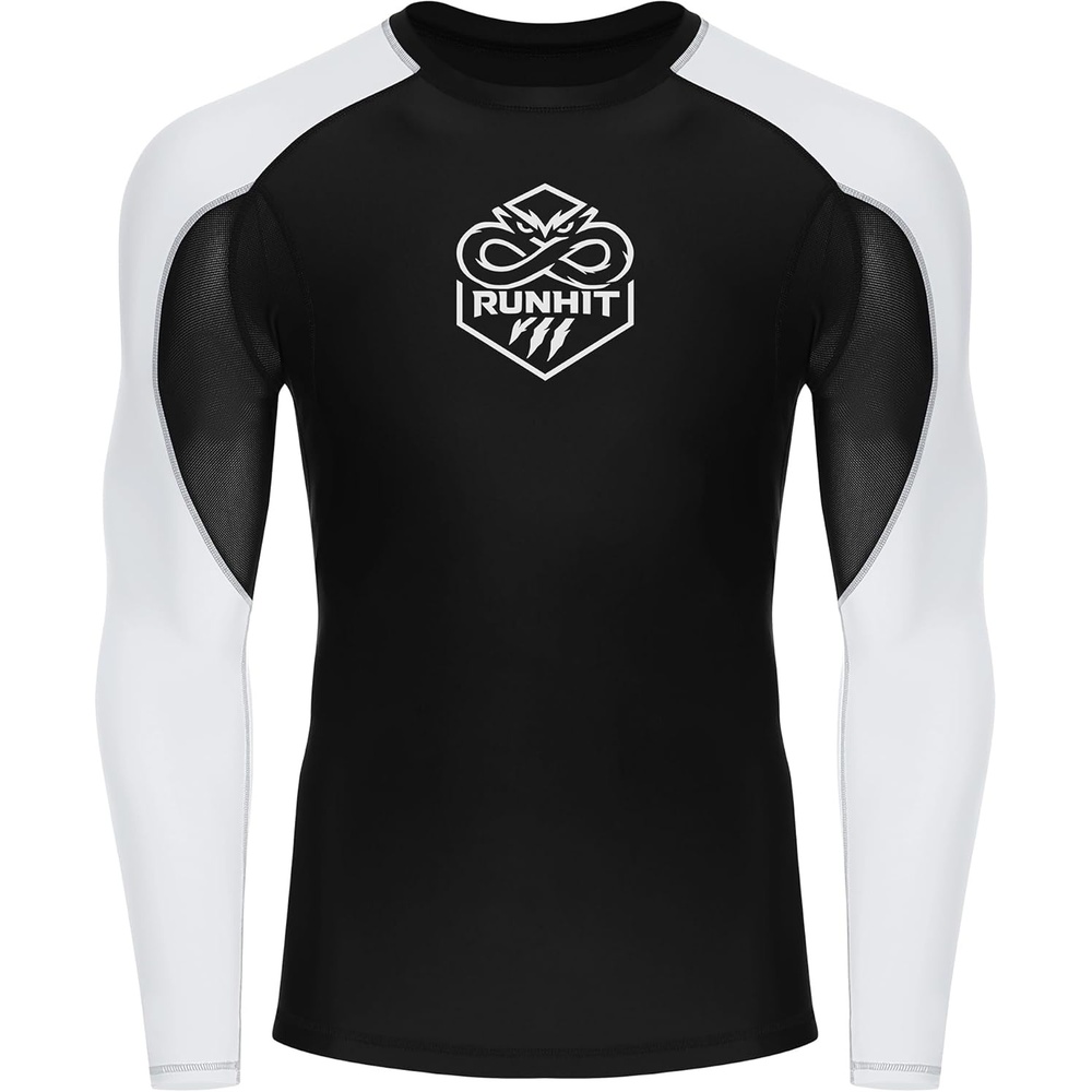 image:imageRunhit Mens BJJ Rash Guard Jiu Jitsu Compression Shirts Long Sleeve for MMA No GI Wrestling Grappling Sports Base LayerWhite