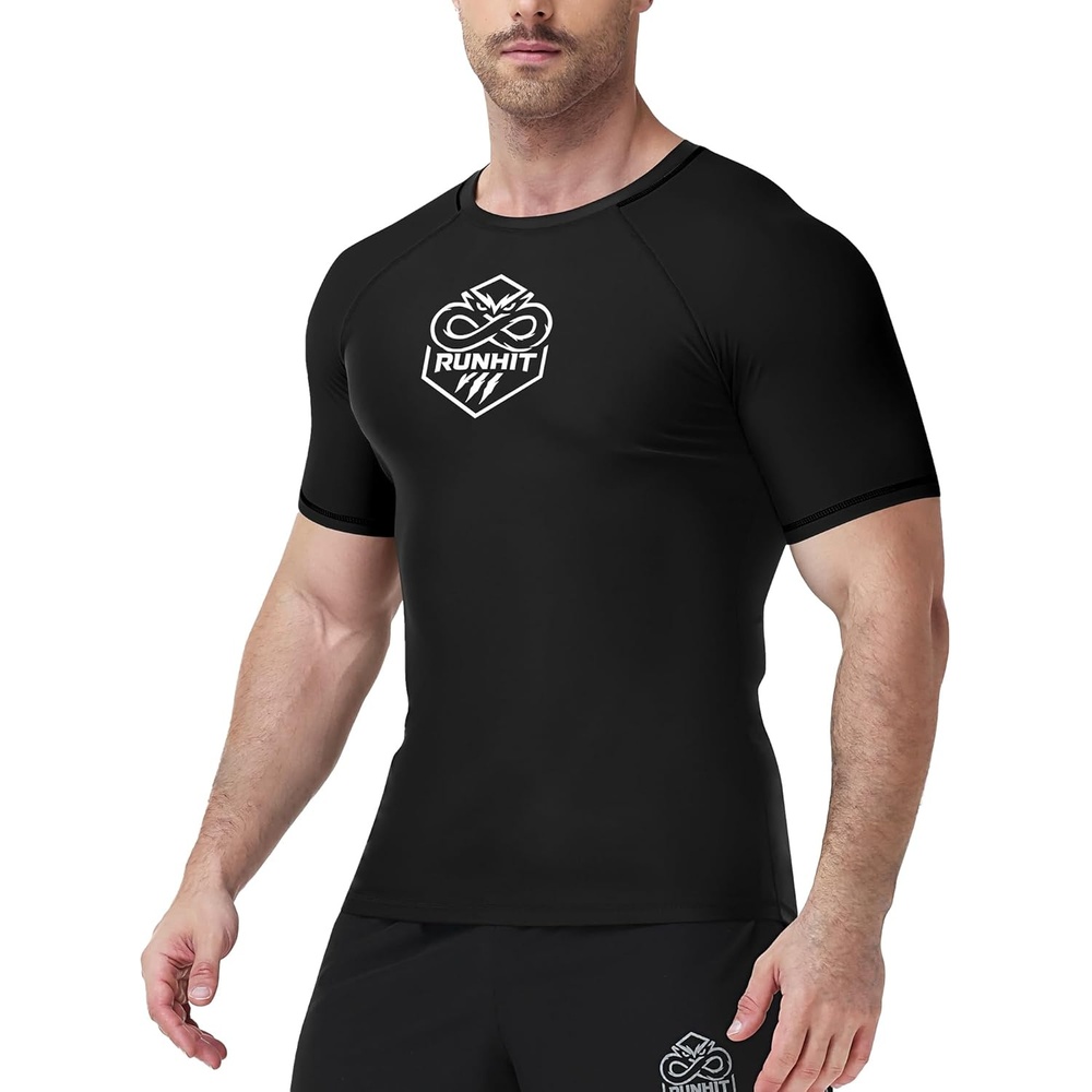 image:imageRunhit Mens BJJ Rash Guard Jiu Jitsu Compression Shirts Short Sleeve for MMA No GI Wrestling Sports Base Layer UPF 50Black