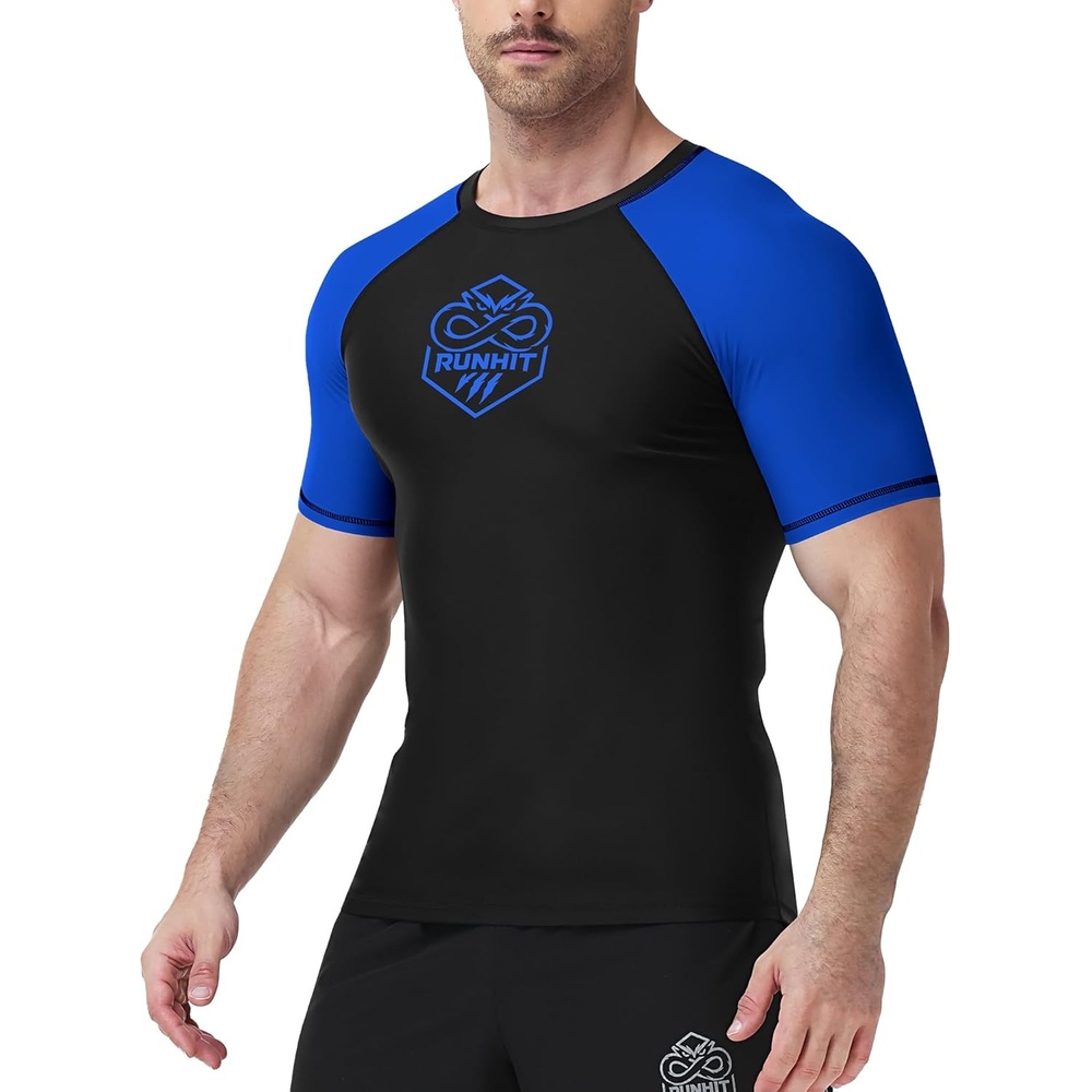 image:imageRunhit Mens BJJ Rash Guard Jiu Jitsu Compression Shirts Short Sleeve for MMA No GI Wrestling Sports Base Layer UPF 50Blue