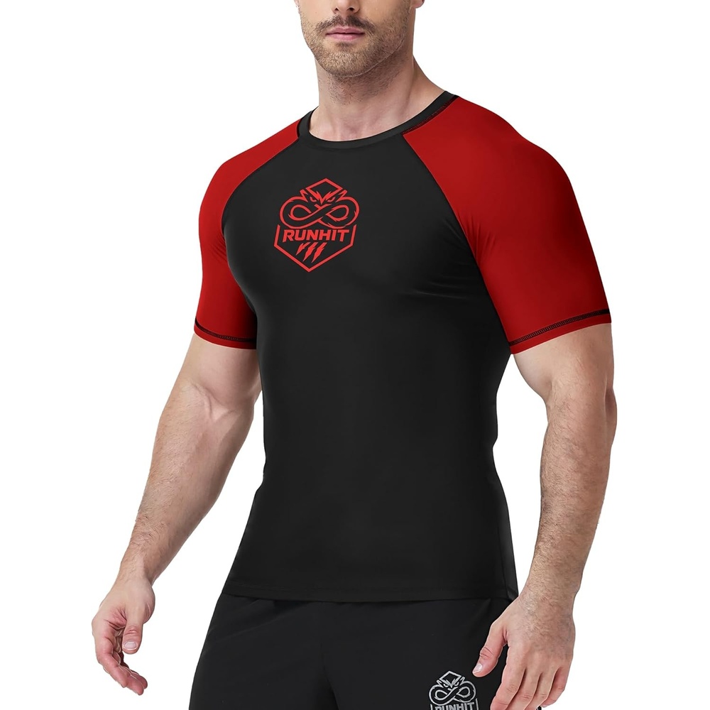 image:imageRunhit Mens BJJ Rash Guard Jiu Jitsu Compression Shirts Short Sleeve for MMA No GI Wrestling Sports Base Layer UPF 50Red