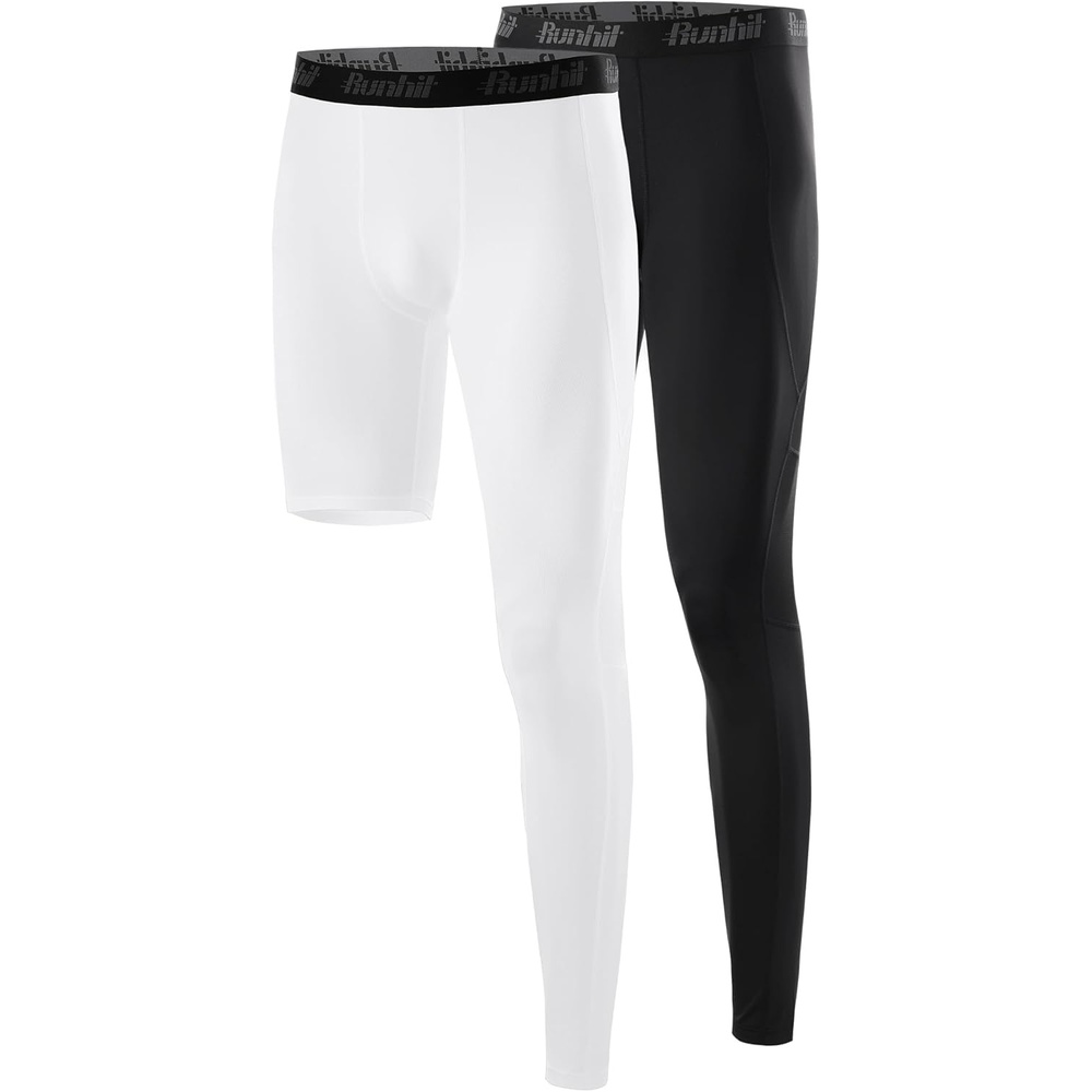 image:imageRunhit Mens Basketball One Leg Compression Tights Full Length Single Leg Compression Pants Sports Base Layer UnderwearBlackwhiteleft Long