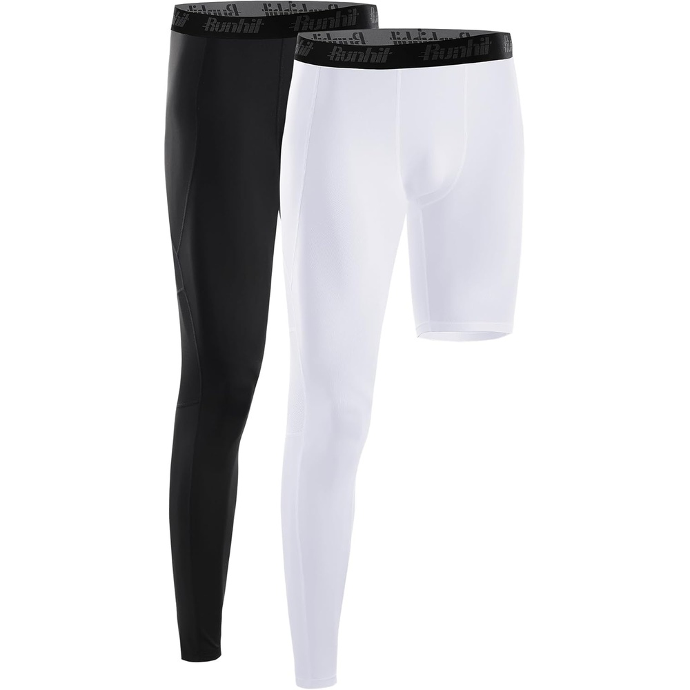 image:imageRunhit Mens Basketball One Leg Compression Tights Full Length Single Leg Compression Pants Sports Base Layer UnderwearBlackwhiteright Long
