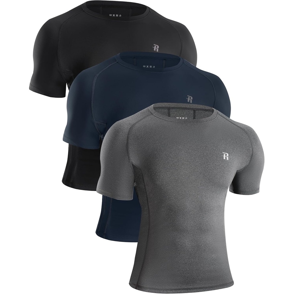 image:imageRunhit Mens Compression Shirts Short Sleeve Athletic T Shirt Cool Dry Workout Tops Sports Base Layer Undershirt3 PackblackGreyNavy Blue