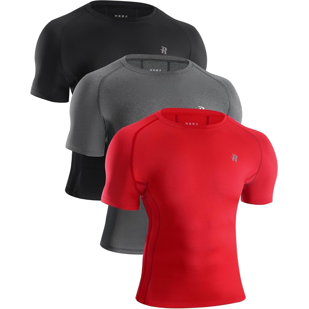 image:imageRunhit Mens Compression Shirts Short Sleeve Athletic T Shirt Cool Dry Workout Tops Sports Base Layer Undershirt3 PackblackGreyRed
