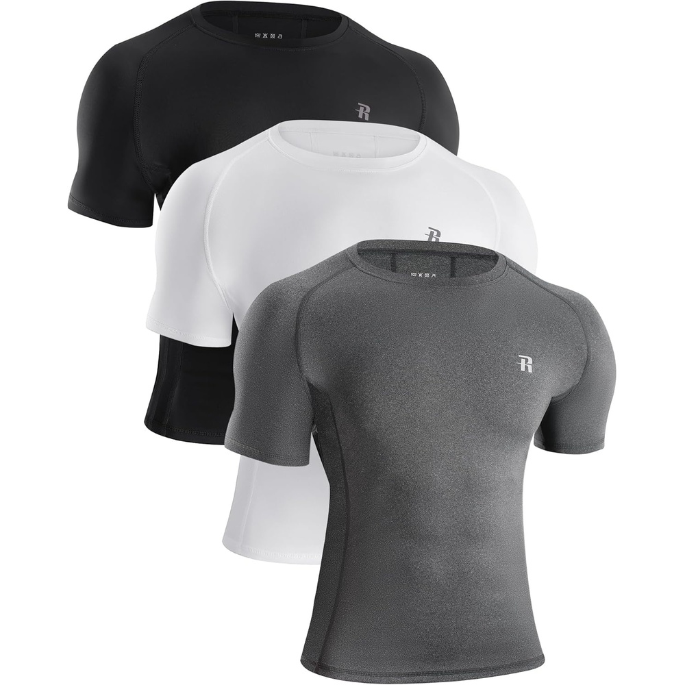 image:imageRunhit Mens Compression Shirts Short Sleeve Athletic T Shirt Cool Dry Workout Tops Sports Base Layer Undershirt3 PackblackWhiteGrey