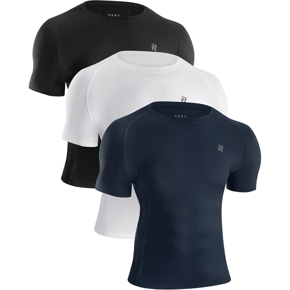 image:imageRunhit Mens Compression Shirts Short Sleeve Athletic T Shirt Cool Dry Workout Tops Sports Base Layer Undershirt3 PackblackWhiteNavy Blue