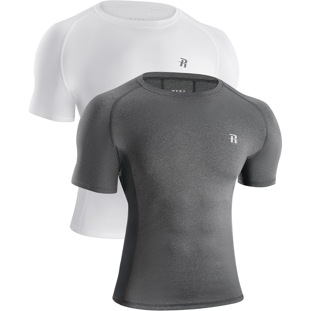 image:imageRunhit Mens Compression Shirts Short Sleeve Athletic T Shirt Cool Dry Workout Tops Sports Base Layer UndershirtDark Graywhite
