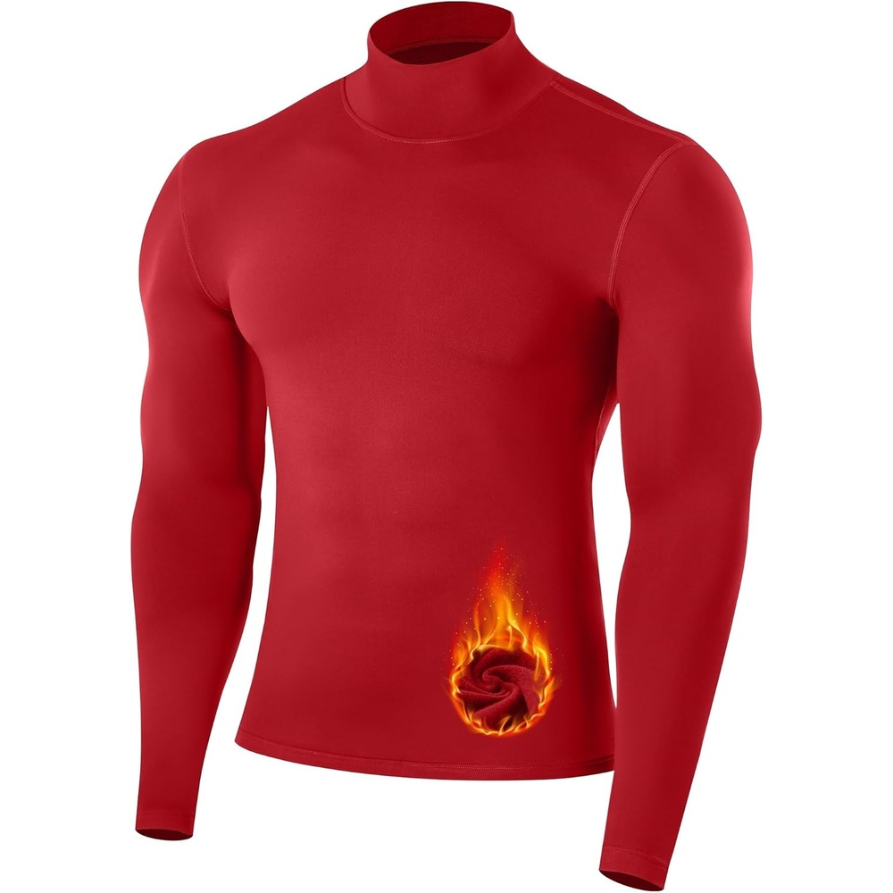 image:imageRunhit Mens Thermal Compression Shirts Mock Turtleneck Long Sleeve Undershirt Fleece Lined Athletic Workout Base LayersRed