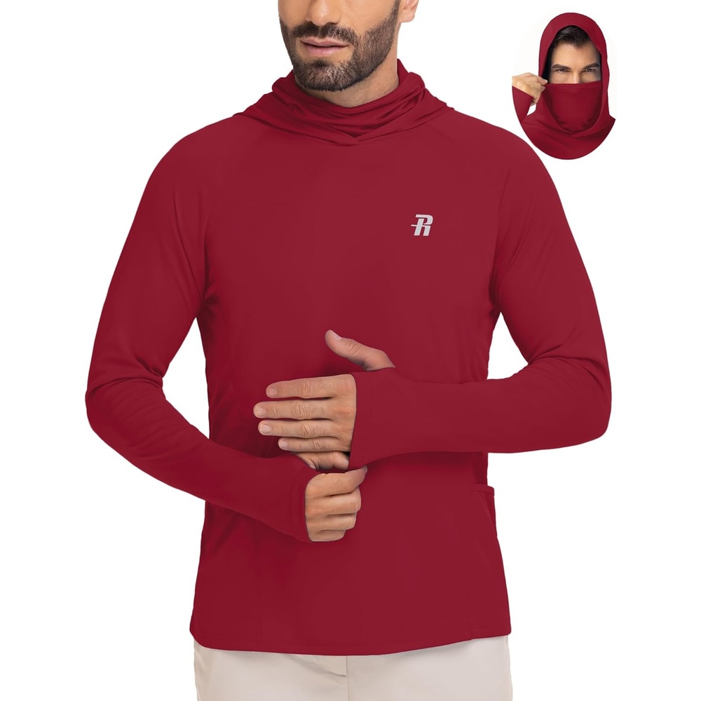 image:imageRunhit Mens UPF 50 Fishing Shirt Hoodie with Mask UV Sun Protection Long Sleeve Shirt Rash Guard Hiking Lightweight CoolingBeet Red