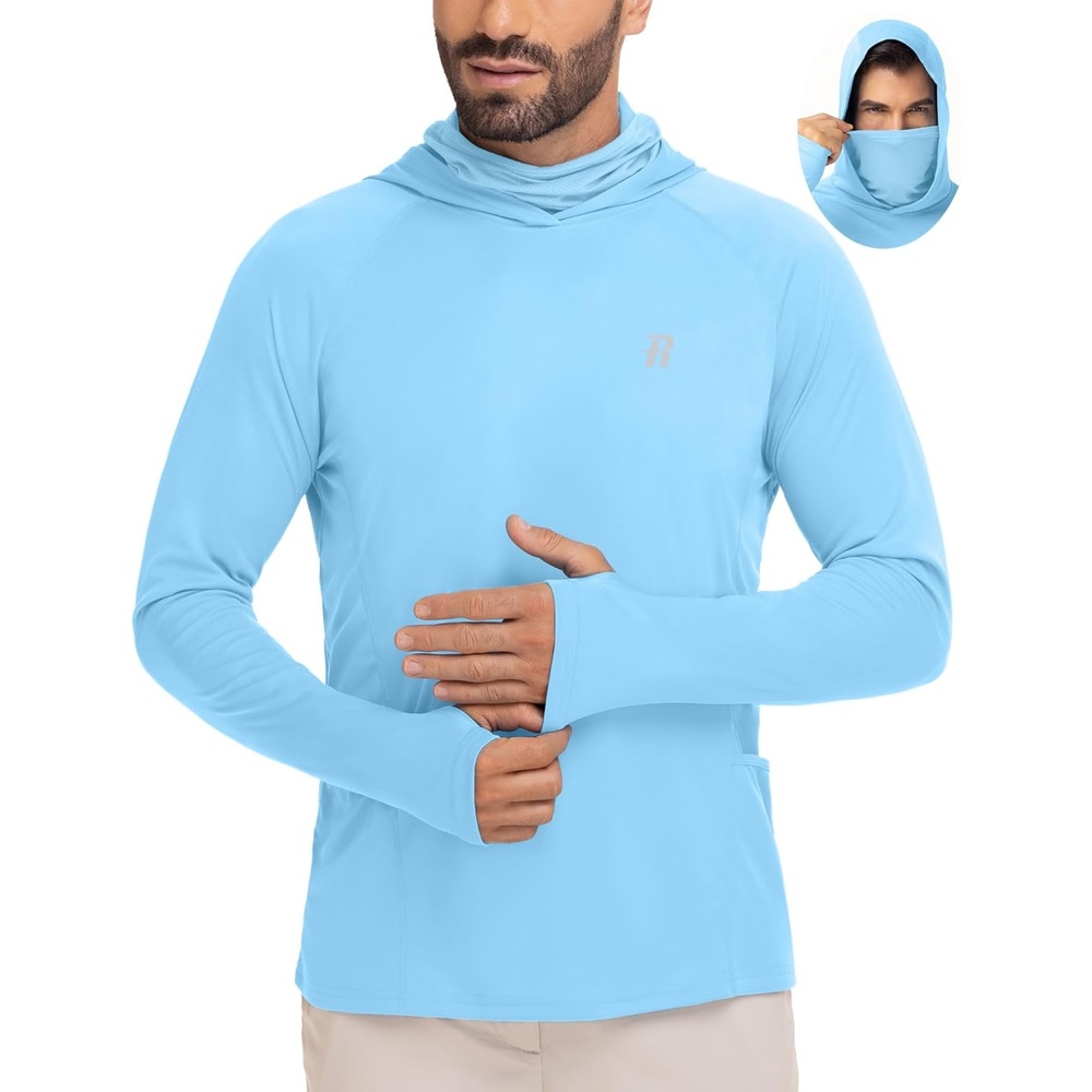 image:imageRunhit Mens UPF 50 Fishing Shirt Hoodie with Mask UV Sun Protection Long Sleeve Shirt Rash Guard Hiking Lightweight CoolingBlue