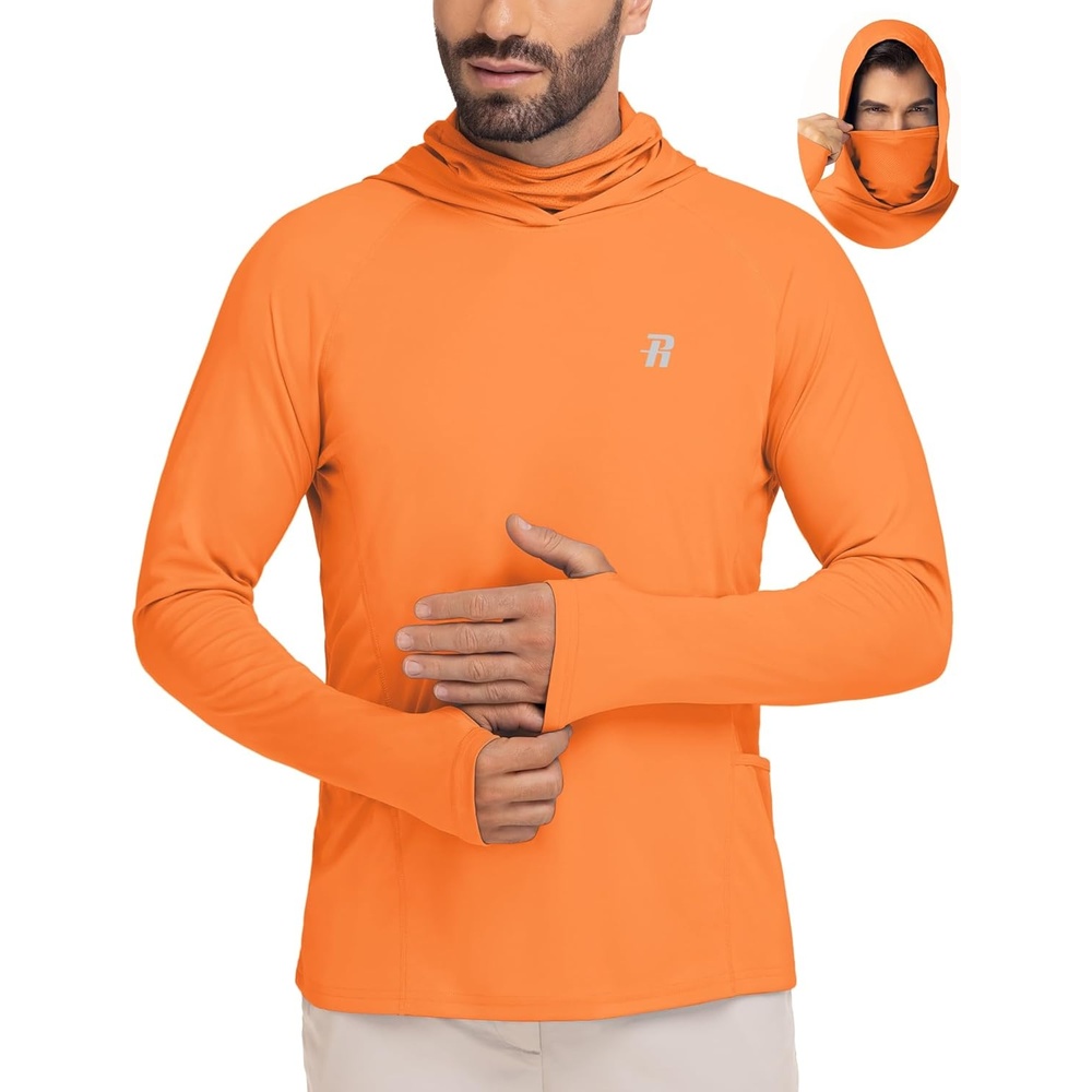 image:imageRunhit Mens UPF 50 Fishing Shirt Hoodie with Mask UV Sun Protection Long Sleeve Shirt Rash Guard Hiking Lightweight CoolingBright Orange