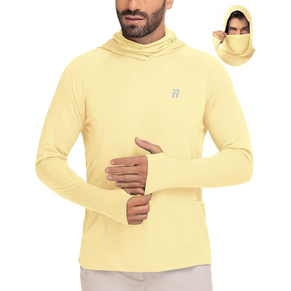image:imageRunhit Mens UPF 50 Fishing Shirt Hoodie with Mask UV Sun Protection Long Sleeve Shirt Rash Guard Hiking Lightweight CoolingBright Yellow