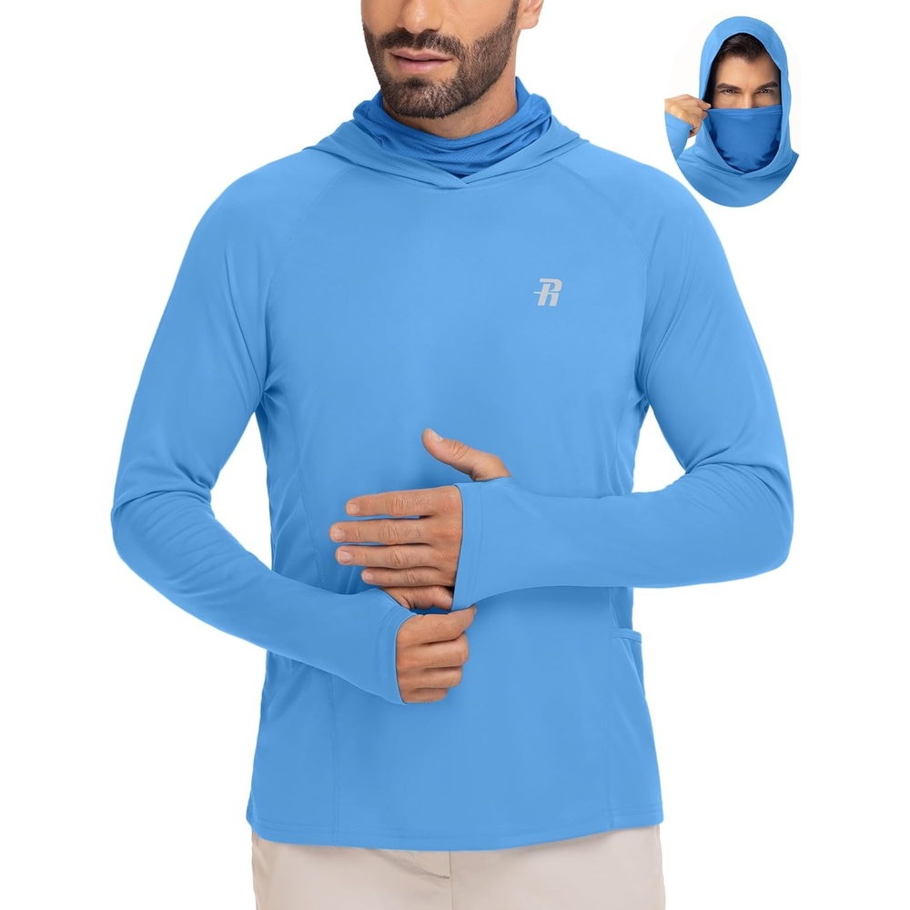 image:imageRunhit Mens UPF 50 Fishing Shirt Hoodie with Mask UV Sun Protection Long Sleeve Shirt Rash Guard Hiking Lightweight CoolingCampanula Blue