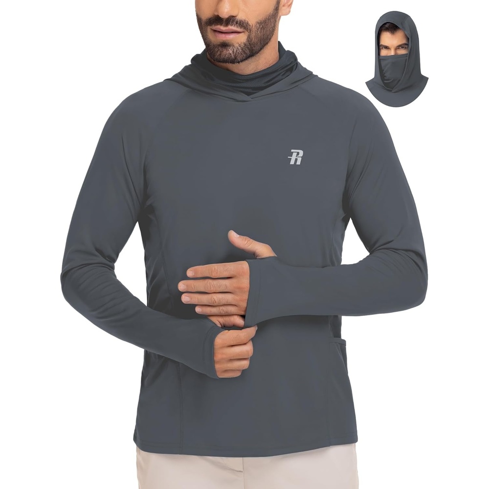 image:imageRunhit Mens UPF 50 Fishing Shirt Hoodie with Mask UV Sun Protection Long Sleeve Shirt Rash Guard Hiking Lightweight CoolingDark Gray