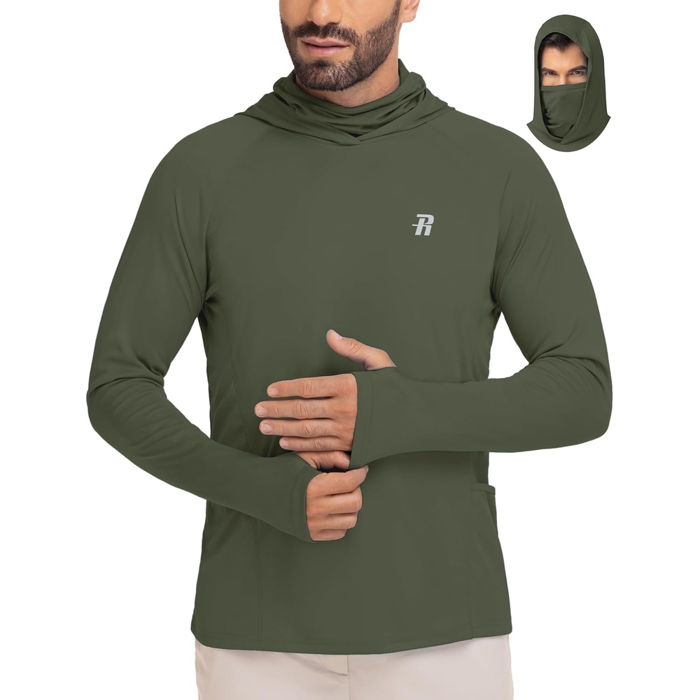image:imageRunhit Mens UPF 50 Fishing Shirt Hoodie with Mask UV Sun Protection Long Sleeve Shirt Rash Guard Hiking Lightweight CoolingDark Green