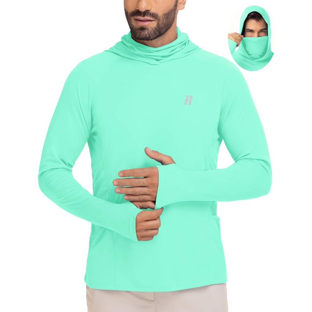 image:imageRunhit Mens UPF 50 Fishing Shirt Hoodie with Mask UV Sun Protection Long Sleeve Shirt Rash Guard Hiking Lightweight CoolingGreen