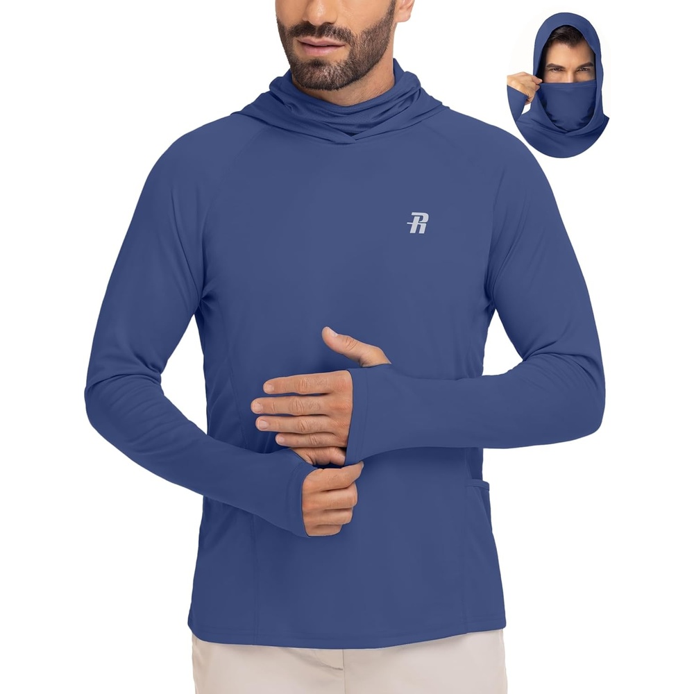 image:imageRunhit Mens UPF 50 Fishing Shirt Hoodie with Mask UV Sun Protection Long Sleeve Shirt Rash Guard Hiking Lightweight CoolingNavy Ocean Blue