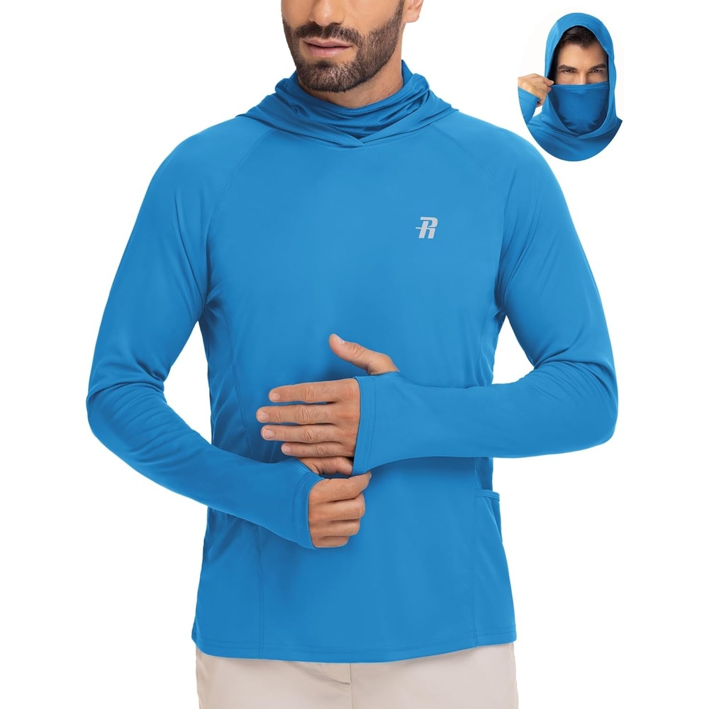 image:imageRunhit Mens UPF 50 Fishing Shirt Hoodie with Mask UV Sun Protection Long Sleeve Shirt Rash Guard Hiking Lightweight CoolingVivid Blue
