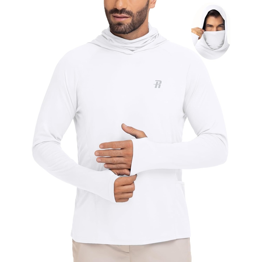 image:imageRunhit Mens UPF 50 Fishing Shirt Hoodie with Mask UV Sun Protection Long Sleeve Shirt Rash Guard Hiking Lightweight CoolingWhite