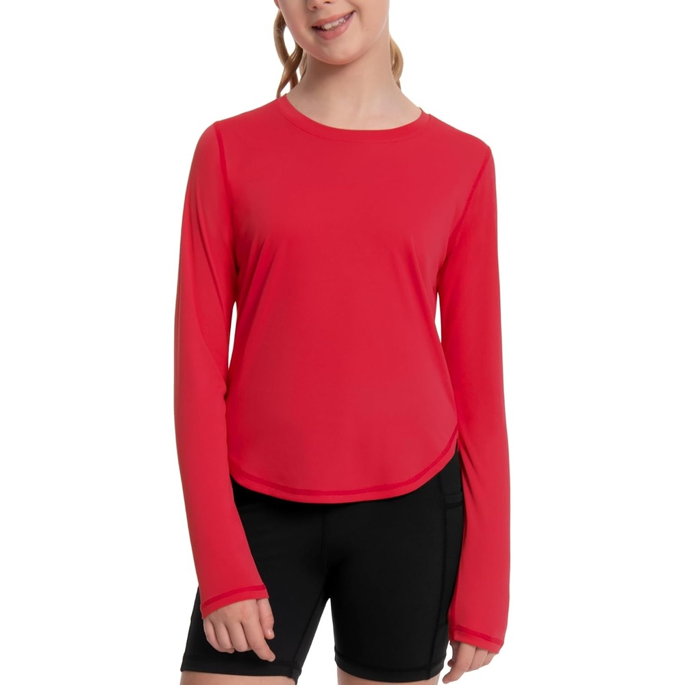 image:imageRunhit UPF 50 Rash Guard for Girls Quick Dry Athletic Tops Kids UV Sun Protection Shirt Workout Long Sleeve ShirtsRed