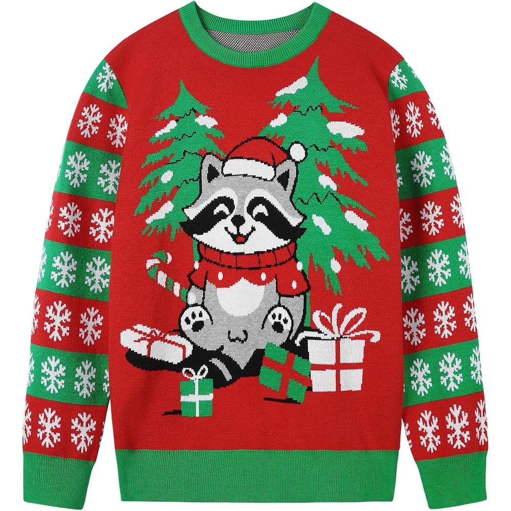 image:imageRunhit Ugly Christmas Sweater for Kids Youth Boys and Girls Funny Crew Neck Xmas Pullover for Holiday Vacation GiftsRaccoon