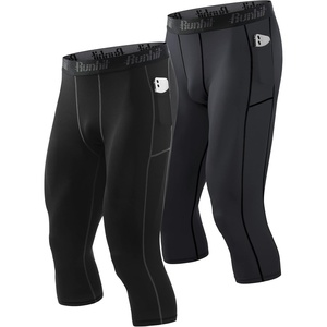 image:imageRunhit 34 Mens Compression Pants with PocketsWorkout Athletic Tights Leggings Athletic Base Layer Underwear2 Pack 34 Pants Pocket Black  Gray