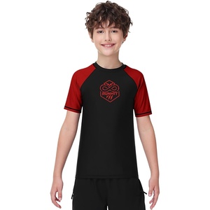 image:imageRunhit Boys BJJ Rash Guard Short Sleeve Kids Jiu Jitsu No Gi Youth Compression Shirts for Training MMA Wrestling Boxing UPF50Bright Red