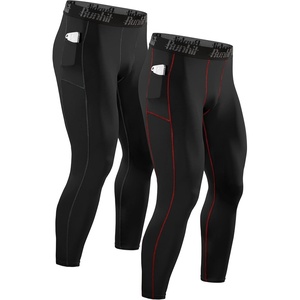 image:imageRunhit Compression Pants Men Running Tights Leggings Athletic Workout Gym Pants2 Pack Pocket Black  Red