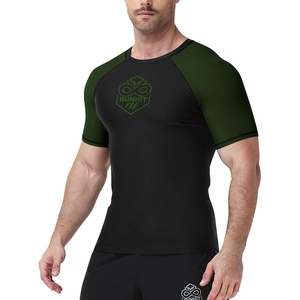 image:imageRunhit Mens BJJ Rash Guard Jiu Jitsu Compression Shirts Short Sleeve for MMA No GI Wrestling Sports Base Layer UPF 50Army Green