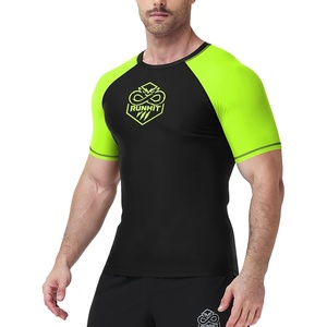 image:imageRunhit Mens BJJ Rash Guard Jiu Jitsu Compression Shirts Short Sleeve for MMA No GI Wrestling Sports Base Layer UPF 50Fluorescent Green