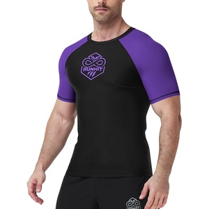image:imageRunhit Mens BJJ Rash Guard Jiu Jitsu Compression Shirts Short Sleeve for MMA No GI Wrestling Sports Base Layer UPF 50Purple