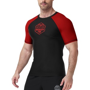image:imageRunhit Mens BJJ Rash Guard Jiu Jitsu Compression Shirts Short Sleeve for MMA No GI Wrestling Sports Base Layer UPF 50Red