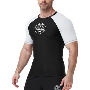 image:imageRunhit Mens BJJ Rash Guard Jiu Jitsu Compression Shirts Short Sleeve for MMA No GI Wrestling Sports Base Layer UPF 50White