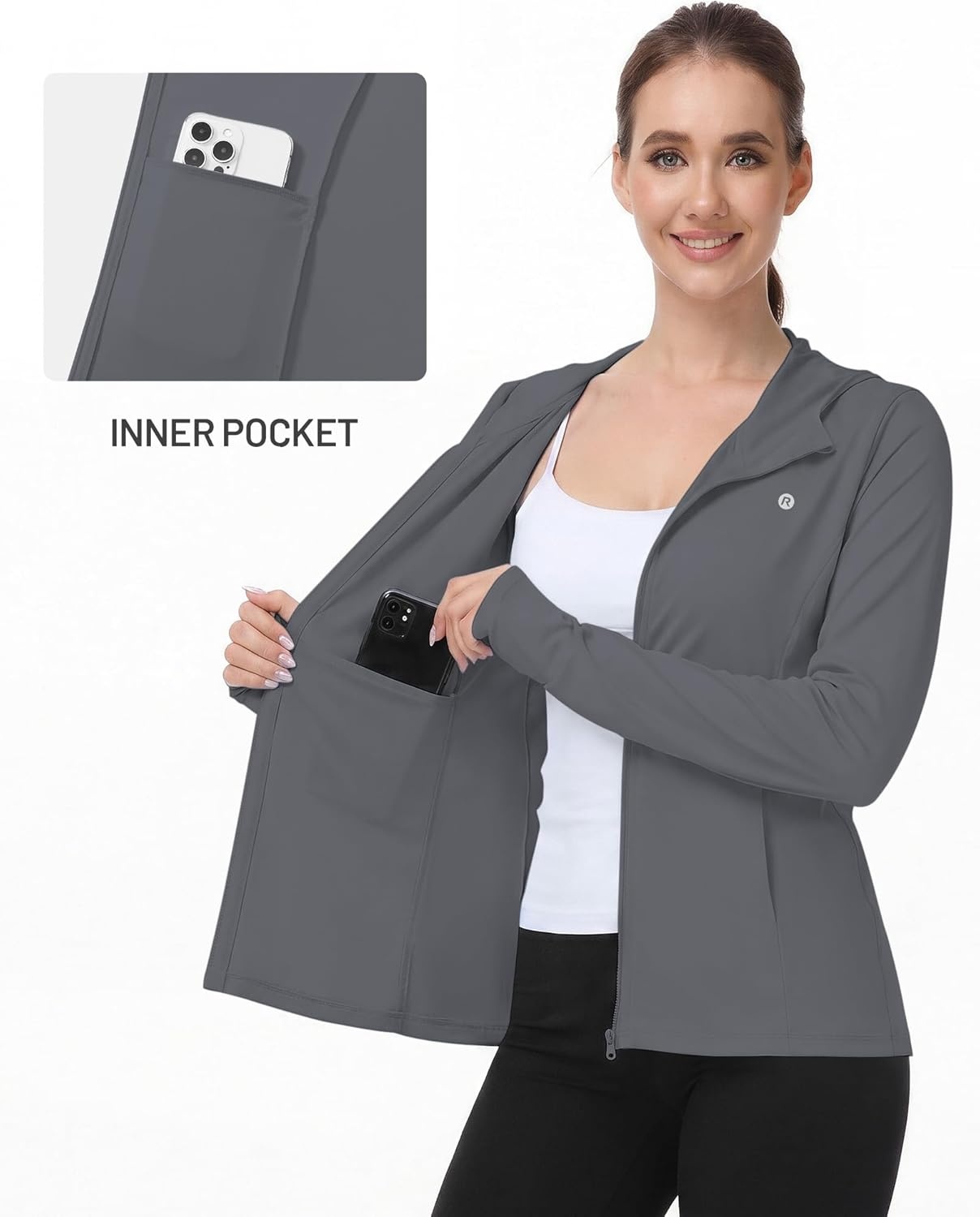 image:imageRunhit Womens UPF 50 Sun Protection Jacket Hoodie Lightweight Zip Up Long Sleeve Sun Shirt with Pockets for Hiking WorkoutDeep Grey
