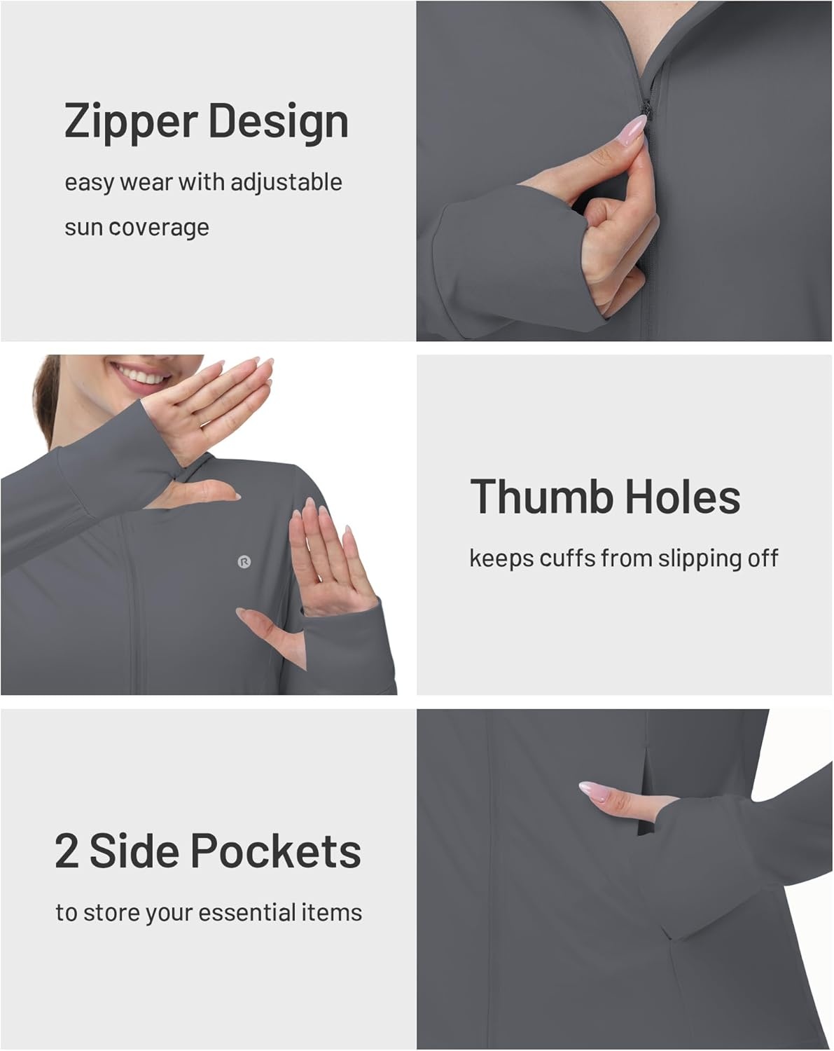image:imageRunhit Womens UPF 50 Sun Protection Jacket Hoodie Lightweight Zip Up Long Sleeve Sun Shirt with Pockets for Hiking WorkoutDeep Grey