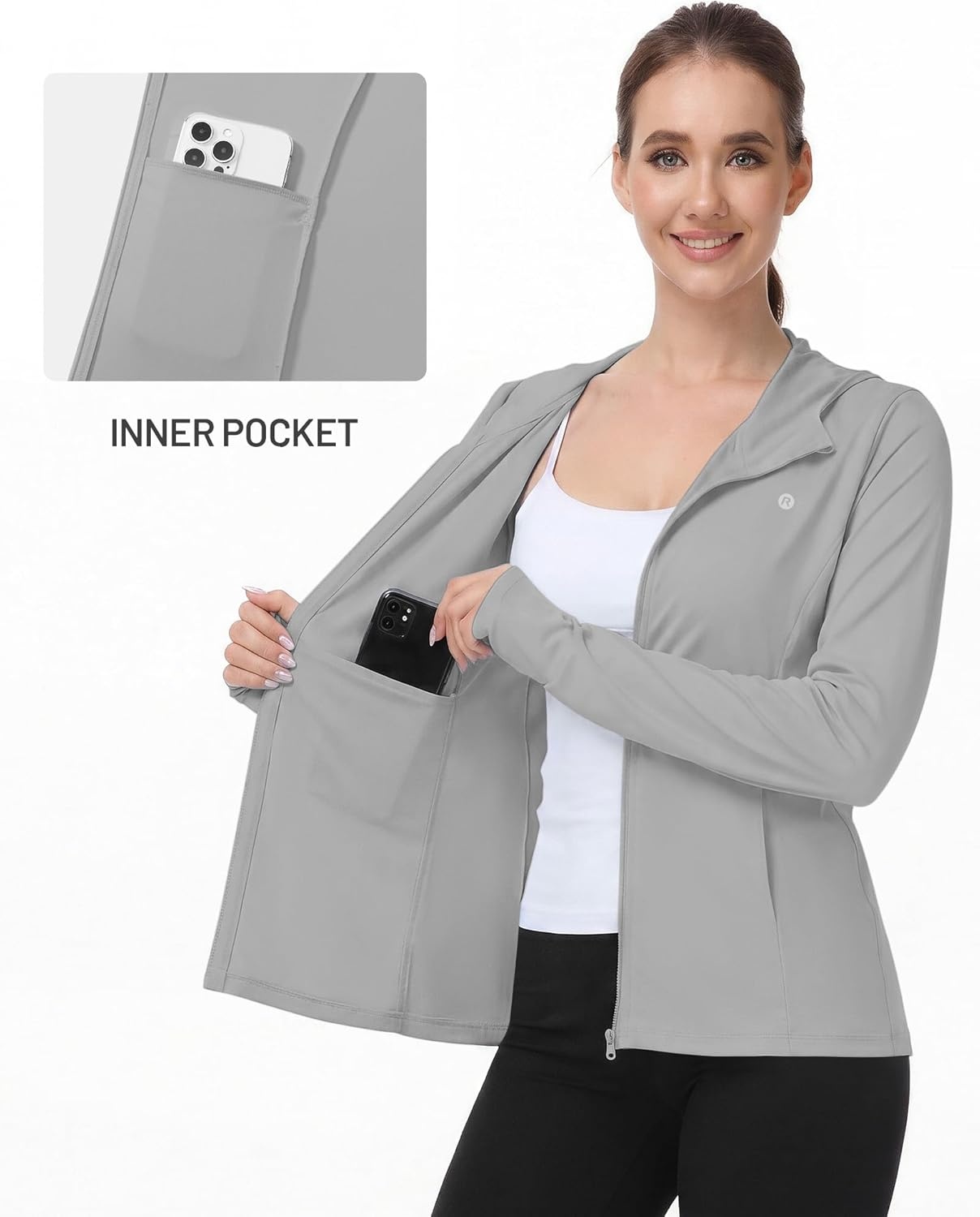 image:imageRunhit Womens UPF 50 Sun Protection Jacket Hoodie Lightweight Zip Up Long Sleeve Sun Shirt with Pockets for Hiking WorkoutLight Grey