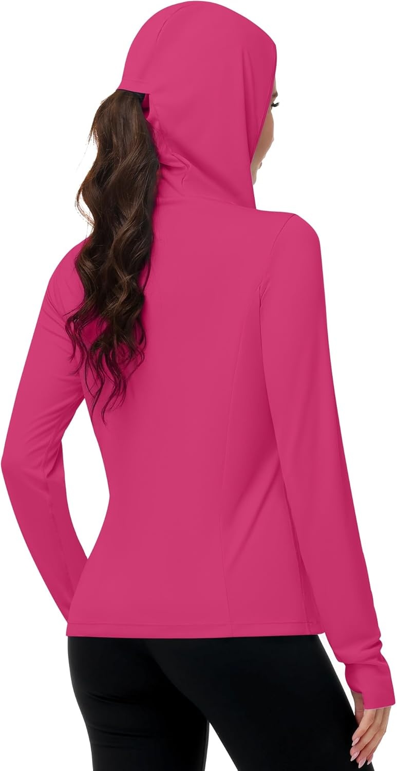 image:imageRunhit Womens UPF 50 Sun Protection Jacket Hoodie Lightweight Zip Up Long Sleeve Sun Shirt with Pockets for Hiking WorkoutRose Red
