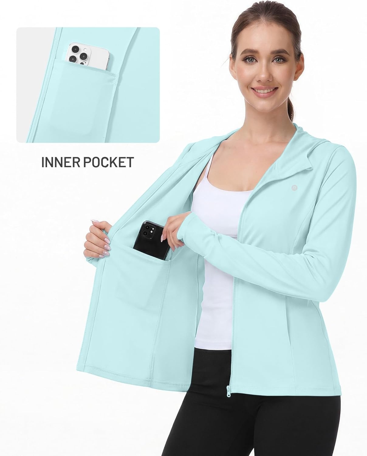 image:imageRunhit Womens UPF 50 Sun Protection Jacket Hoodie Lightweight Zip Up Long Sleeve Sun Shirt with Pockets for Hiking WorkoutSeafoam Green