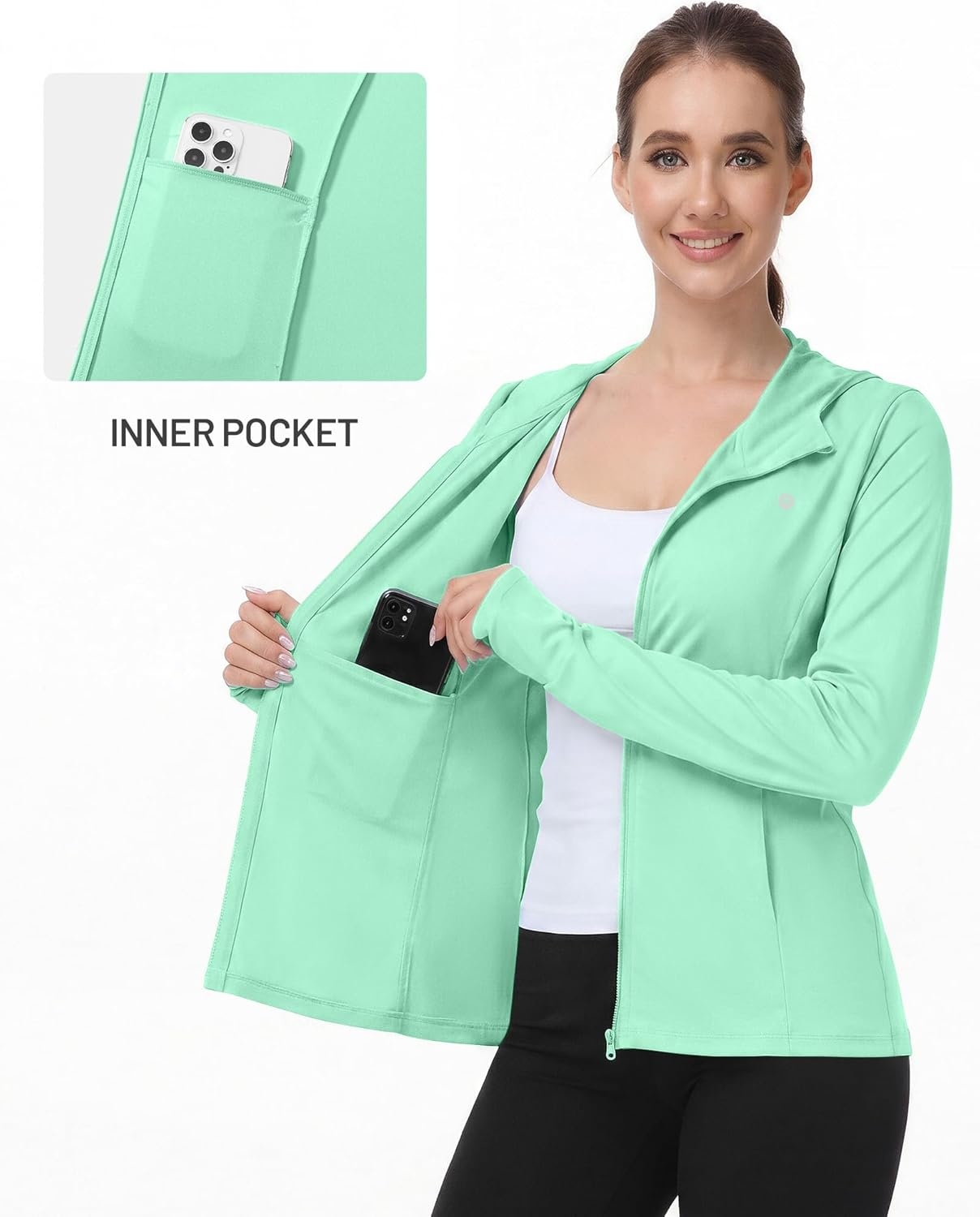 image:imageRunhit Womens UPF 50 Sun Protection Jacket Hoodie Lightweight Zip Up Long Sleeve Sun Shirt with Pockets for Hiking WorkoutSeaweed Green