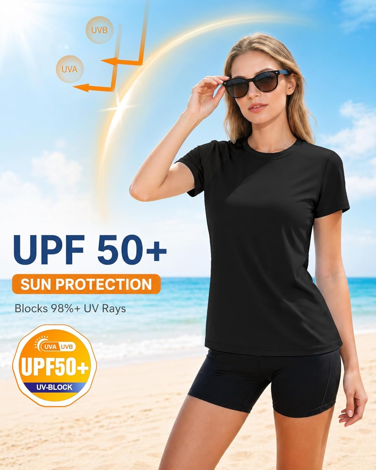 image:imageRunhit Womens UPF 50 Sun Protection Shirts Short Sleeve UV Rash Guard SPF Workout Tops TShirt Quick Dry Swim Hiking RunningBlack