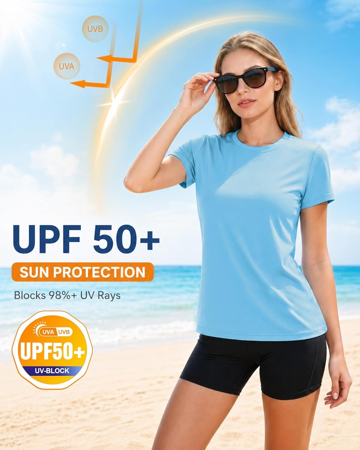 image:imageRunhit Womens UPF 50 Sun Protection Shirts Short Sleeve UV Rash Guard SPF Workout Tops TShirt Quick Dry Swim Hiking RunningBlue