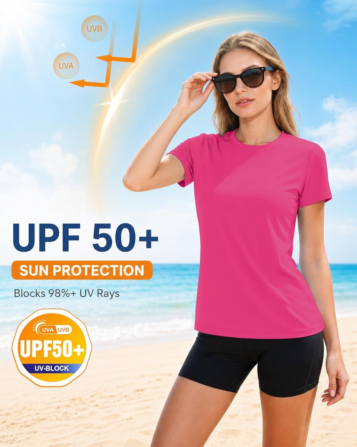 image:imageRunhit Womens UPF 50 Sun Protection Shirts Short Sleeve UV Rash Guard SPF Workout Tops TShirt Quick Dry Swim Hiking RunningHot Pink
