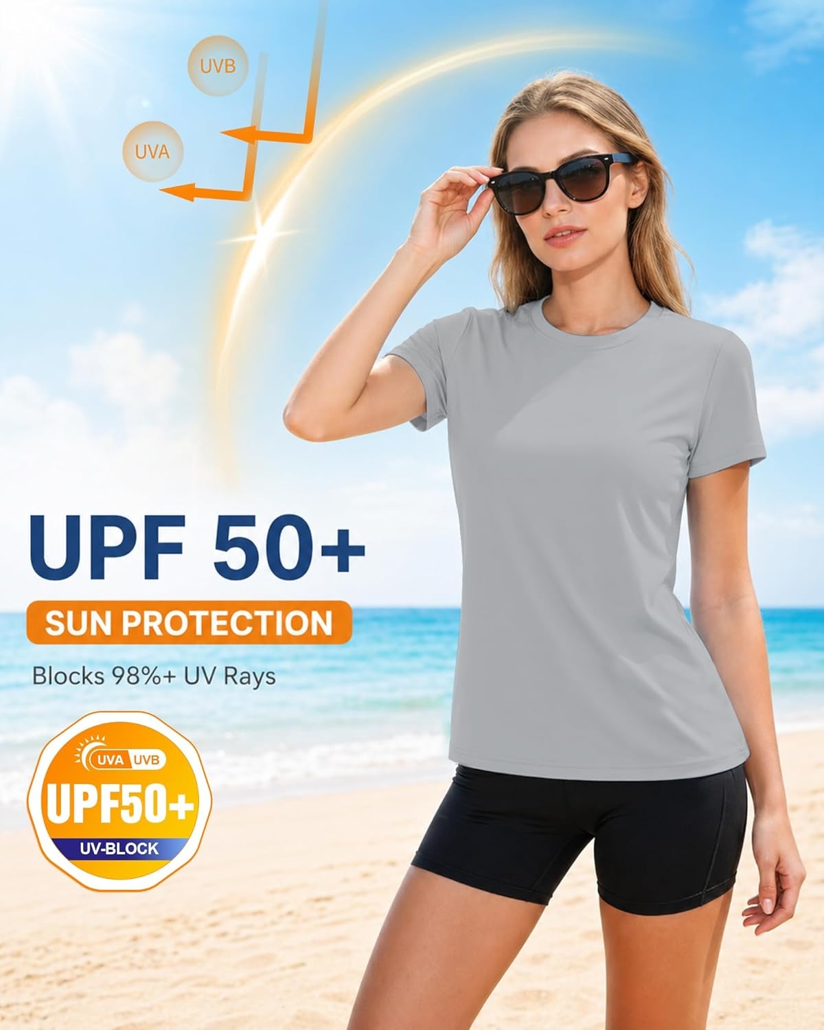 image:imageRunhit Womens UPF 50 Sun Protection Shirts Short Sleeve UV Rash Guard SPF Workout Tops TShirt Quick Dry Swim Hiking RunningLight Gray