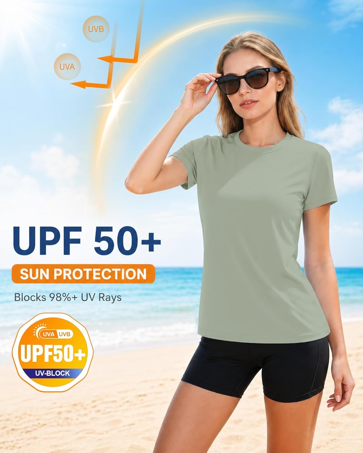 image:imageRunhit Womens UPF 50 Sun Protection Shirts Short Sleeve UV Rash Guard SPF Workout Tops TShirt Quick Dry Swim Hiking RunningLight Green