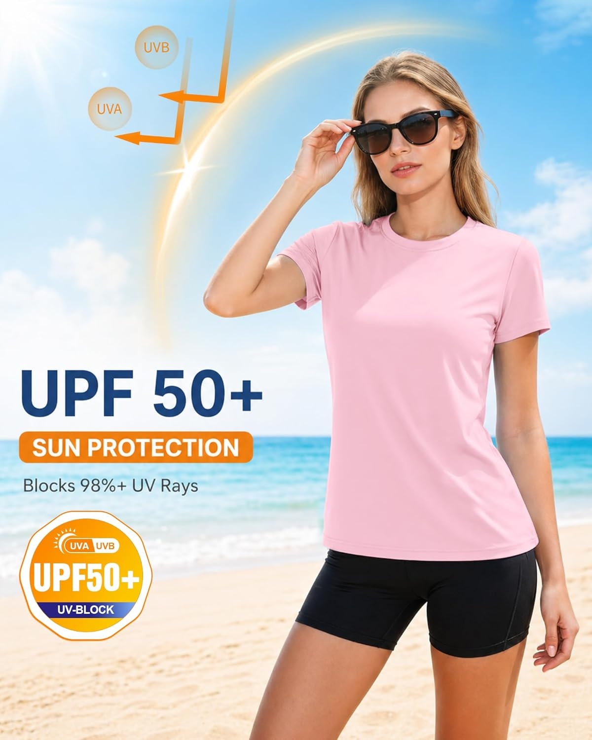 image:imageRunhit Womens UPF 50 Sun Protection Shirts Short Sleeve UV Rash Guard SPF Workout Tops TShirt Quick Dry Swim Hiking RunningLight Pink