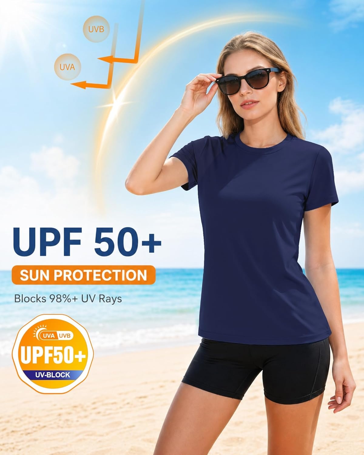image:imageRunhit Womens UPF 50 Sun Protection Shirts Short Sleeve UV Rash Guard SPF Workout Tops TShirt Quick Dry Swim Hiking RunningNavy Blue