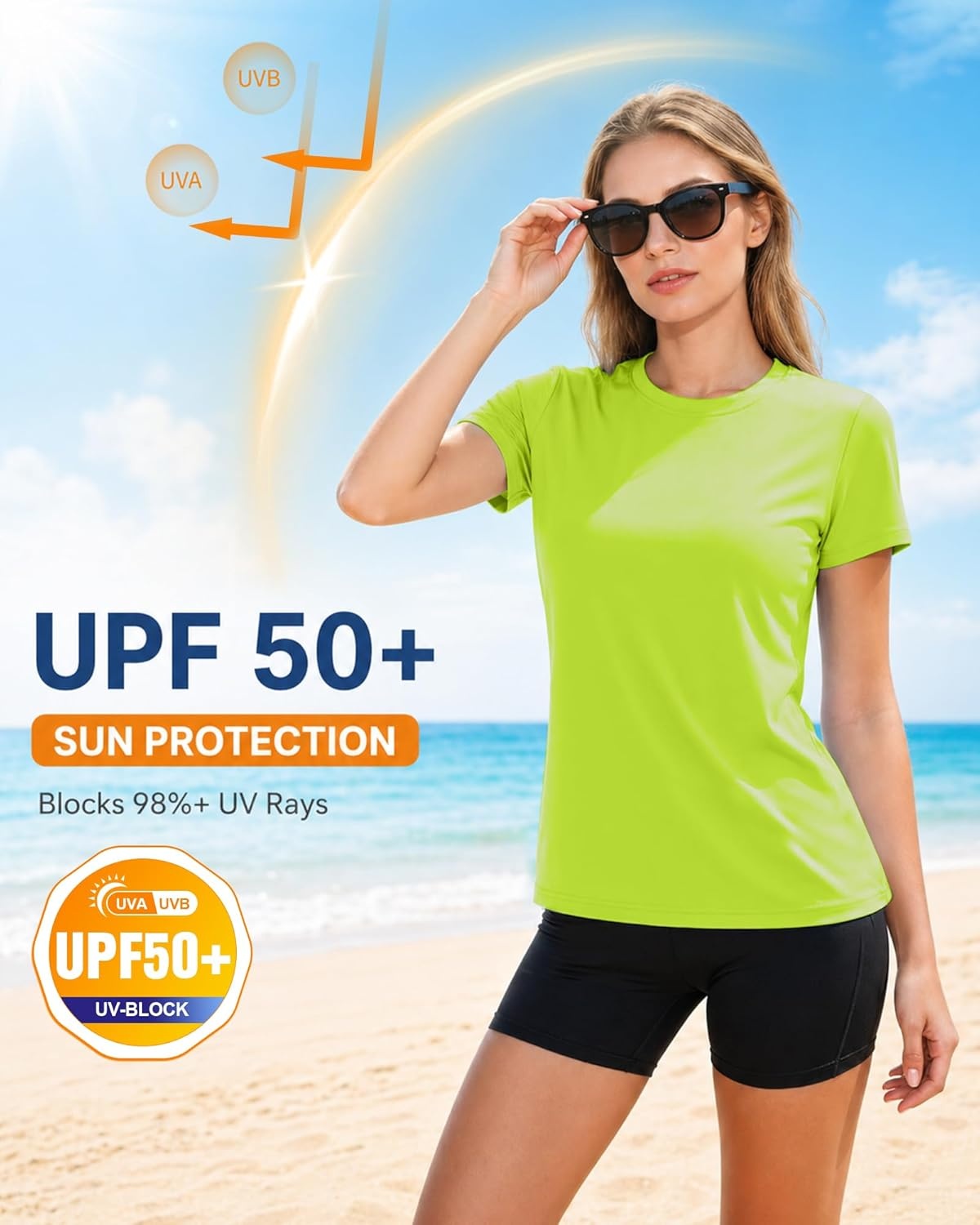 image:imageRunhit Womens UPF 50 Sun Protection Shirts Short Sleeve UV Rash Guard SPF Workout Tops TShirt Quick Dry Swim Hiking RunningNeon Green