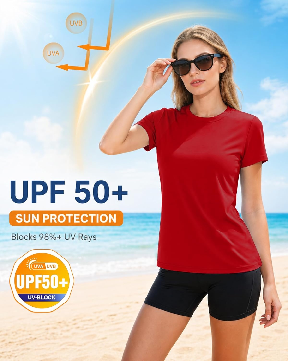 image:imageRunhit Womens UPF 50 Sun Protection Shirts Short Sleeve UV Rash Guard SPF Workout Tops TShirt Quick Dry Swim Hiking RunningRed