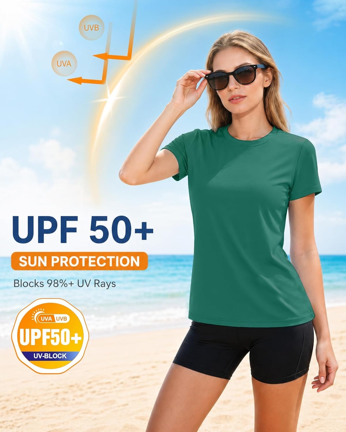 image:imageRunhit Womens UPF 50 Sun Protection Shirts Short Sleeve UV Rash Guard SPF Workout Tops TShirt Quick Dry Swim Hiking RunningTeal Green